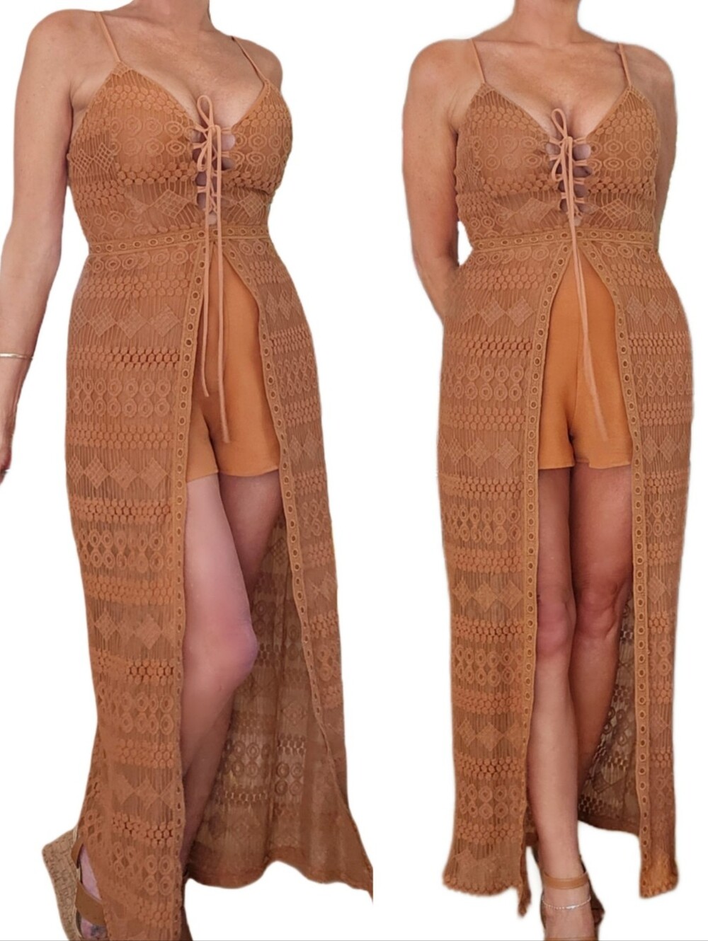 Chestnut Brown Boho Maxi Crochet Lace Front Jumpsuit Romper Size Small